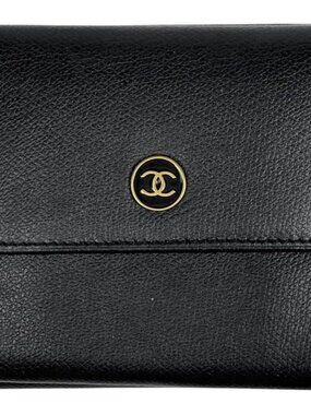 Chanel Coco Button Trifold Wallet CC Logo Hook Leather Black